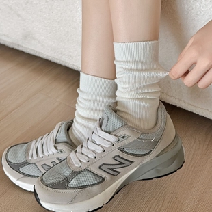 灰色袜子女纯棉竖纹白袜简约中筒堆堆袜奶油米双针ins韩系长袜女