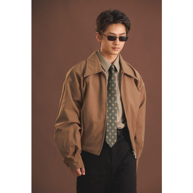 何记港风/短款！双层领！秋季简约百搭飞行夹克男宽松冲锋衣外套