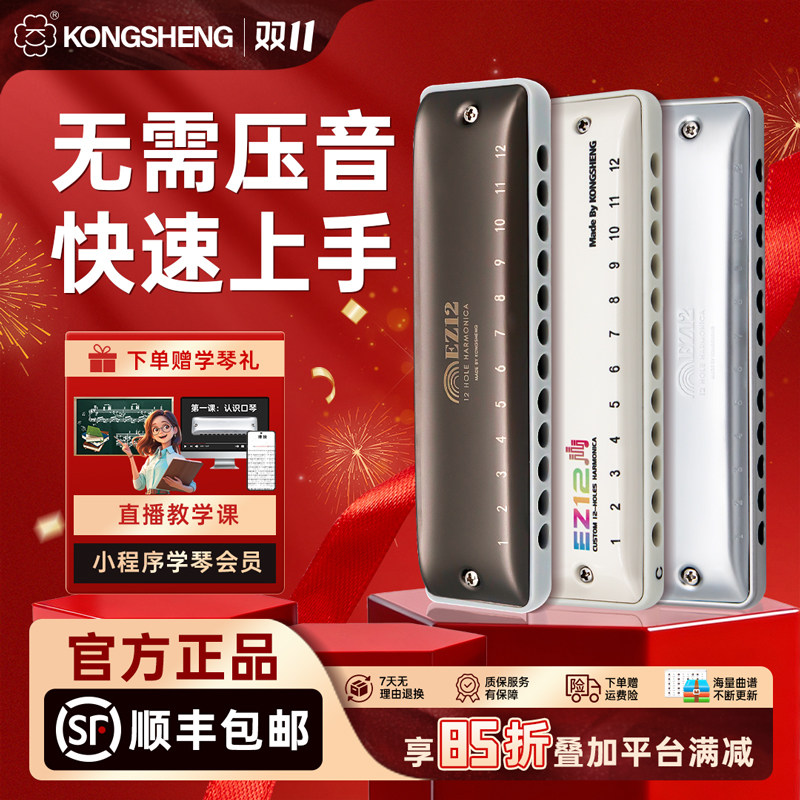 【无需压音】孔声12孔布鲁斯口琴全音阶孔声小金条新手进阶ez12