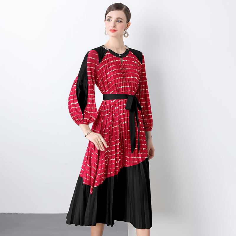 高端撞色烫金褶皱连衣裙欧美跨境