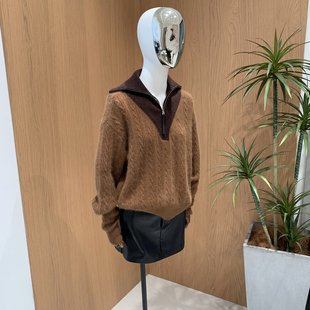 Ceevan简约气质高级牦牛毛亲肤舒适暖感翻领拼色毛线衫 女打底毛衣