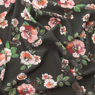 高品质款 复合丝高粘雪纺布 春夏季印花布面料 黑色底绿色植物花