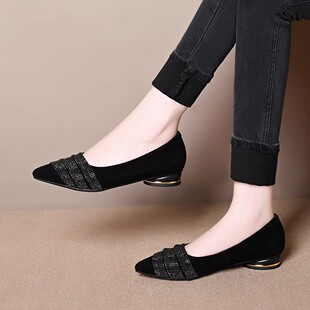 真皮羊皮2026春秋新款水钻尖头浅口舒适低跟不累脚气质配裙子单鞋