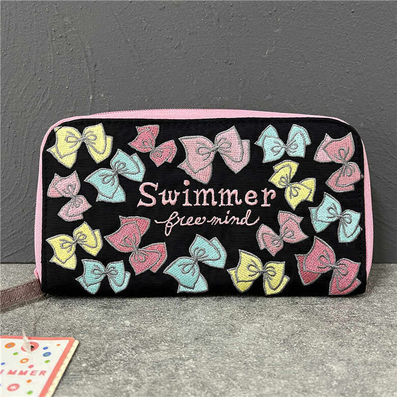 swimmer蝴蝶结刺绣钱包女长款拉链学生大容量手拿包零钱夹卡包