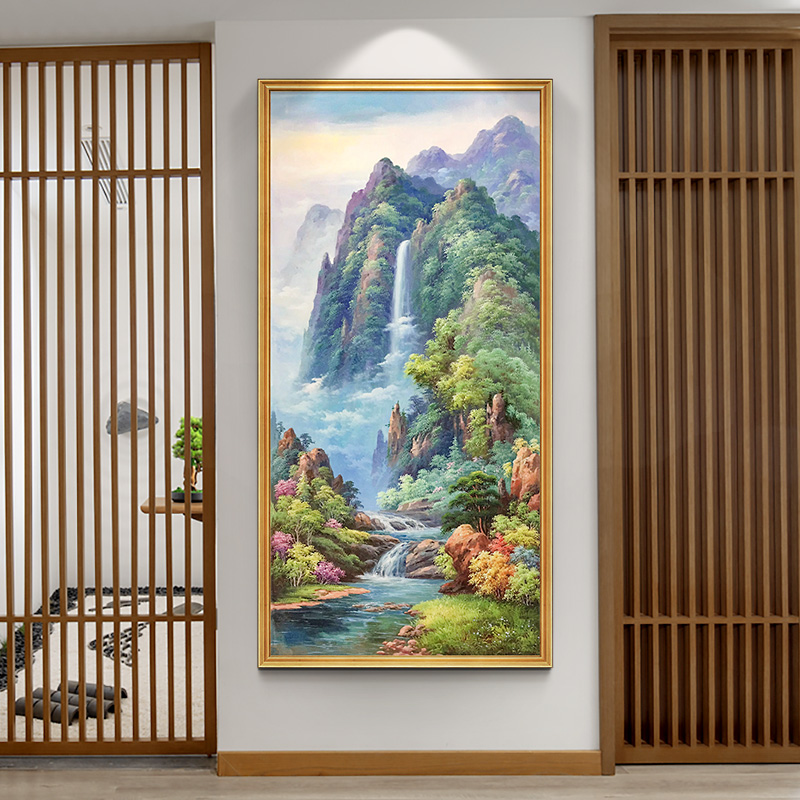手绘油画竖版玄关装饰画走廊挂画欧式风景山水画聚宝盆招财风水画