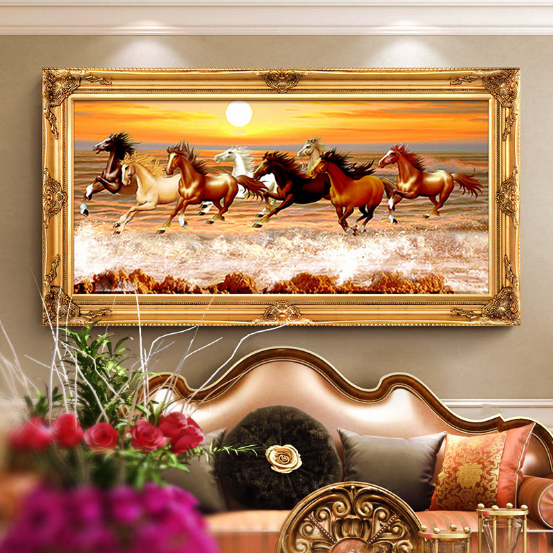 纯手绘油画办公室八骏图客厅有框装饰画书房动物挂画壁画马到功成