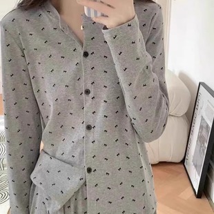 长袖 韩版 纯棉睡衣女春秋季 长裤 简约休闲开衫 蝴蝶结家居服两件套装