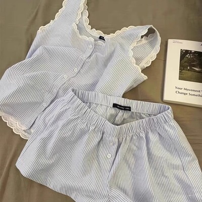 ins条纹花边背心夏季家居服套装