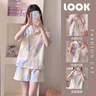 薄款 纯棉扎染睡衣少女夏季 网红韩版 甜美短袖 家居服可外穿 两件套装