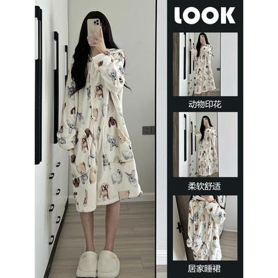 甜美少女动物印花法兰绒睡衣女冬季新款加厚珊瑚绒睡裙家居服睡袍