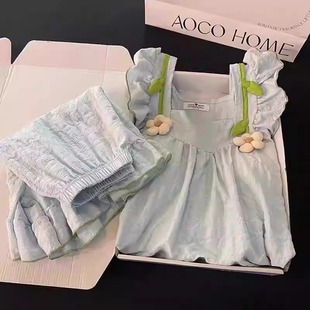 带胸垫睡衣女新款 纯棉夏季 蓝色花朵背心短裤 公主风方领家居服套装