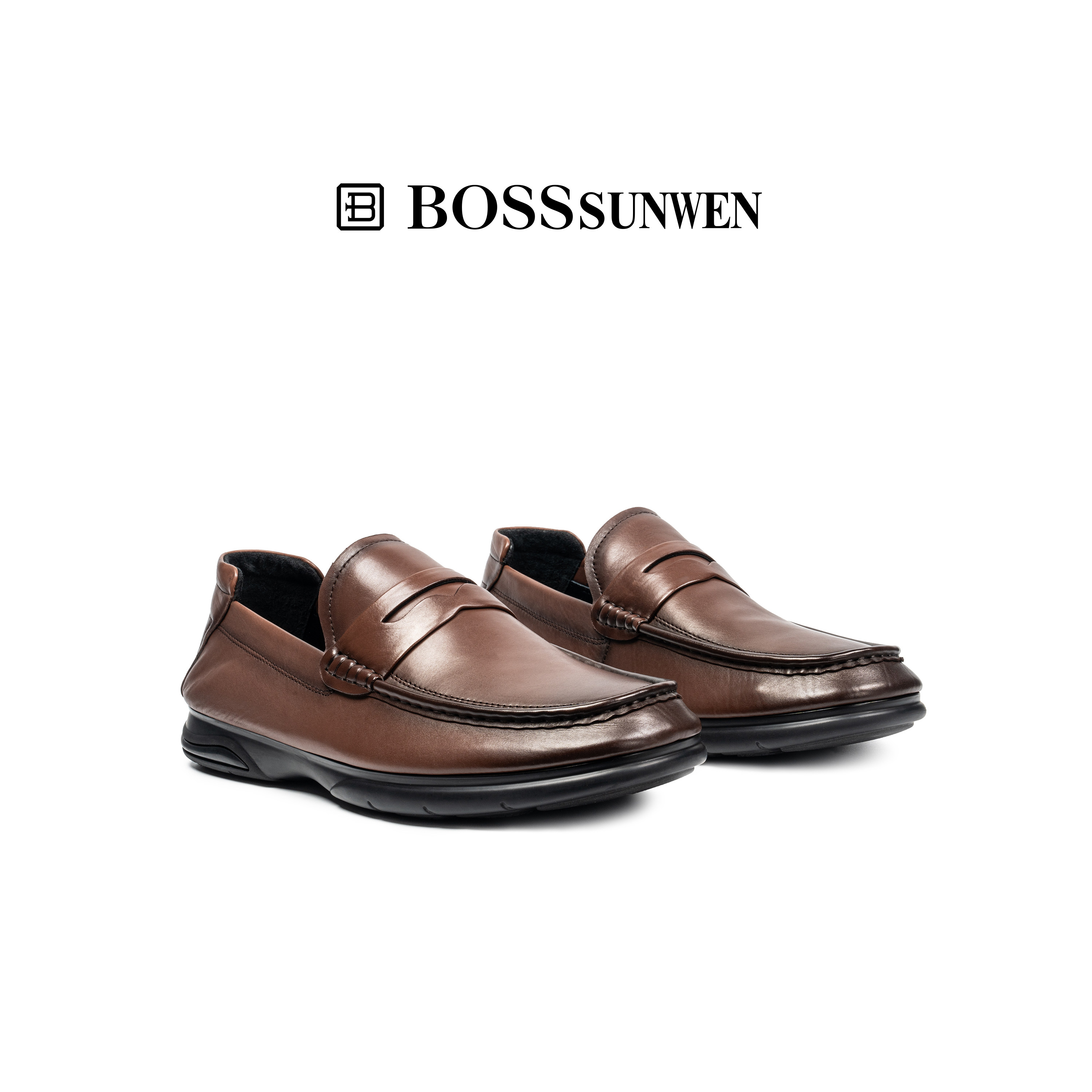 BOSSSUNWEN/博斯·绅威夏季新款高级经典乐福鞋擦色一脚蹬皮鞋男图片