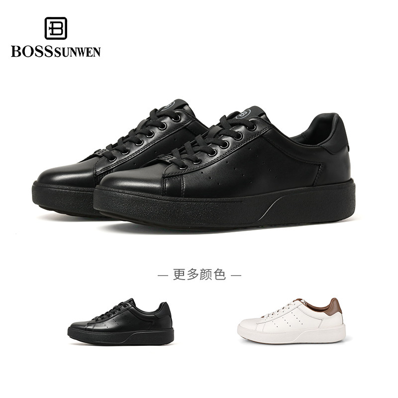 BOSSSUNWEN/博斯·绅威黑色板鞋男款春夏新款增高真皮运动休闲鞋图片