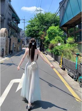 白水女人鱼公主  薄荷绿网纱连衣裙女新款氛围感显瘦裙子 有胸棉