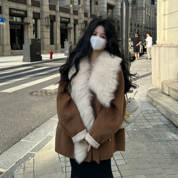 实拍真毛狐狸毛领双面呢羊毛大衣显瘦海宁皮草宽松毛呢外套女