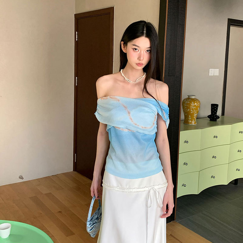 网纱t恤女设计感小众多穿法晕染印花一字领露肩辣妹针织抹胸上衣