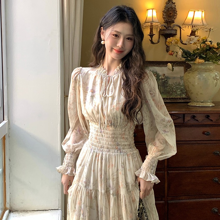 春季法式碎花裙雪纺茶歇长裙高级感长袖连衣裙女春夏季2025年新款