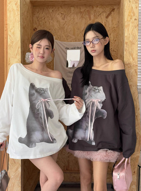 ME KAKAMEE十三行秋潮流立体蝴蝶结猫咪喷画宽松斜肩长袖T恤