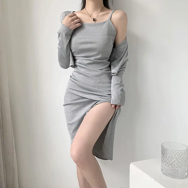 开叉灰色吊带连衣裙女夏2025年新款外搭短款开衫长袖上衣两件套装