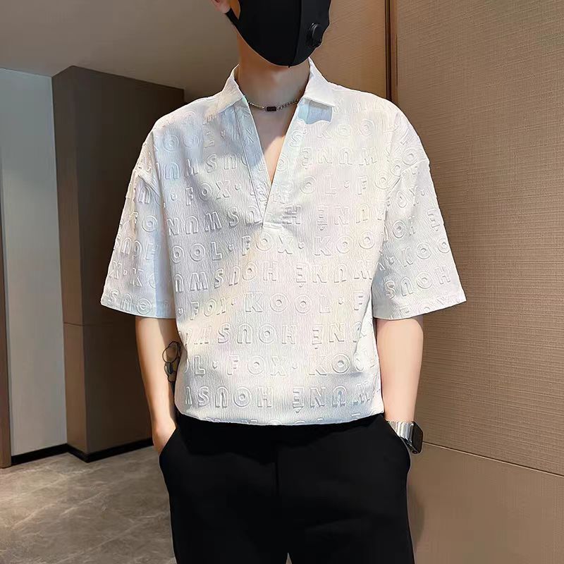 夏季痞帅衬衫男短袖潮流V领