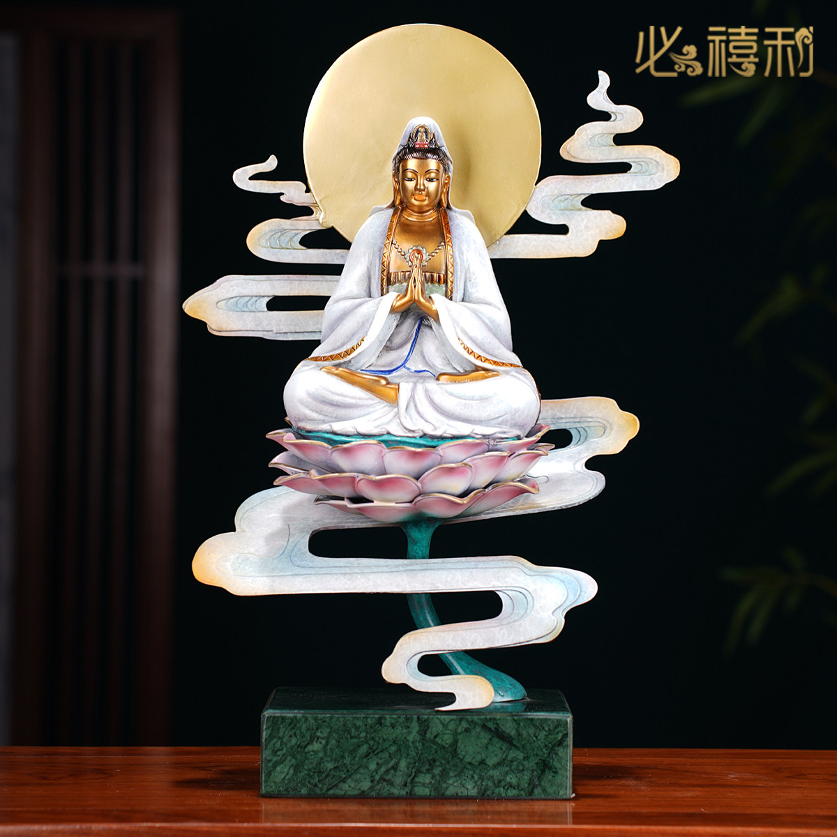 纯黄铜观音菩萨佛像供奉家用南海坐莲观世音家居摆件铜像送子观音
