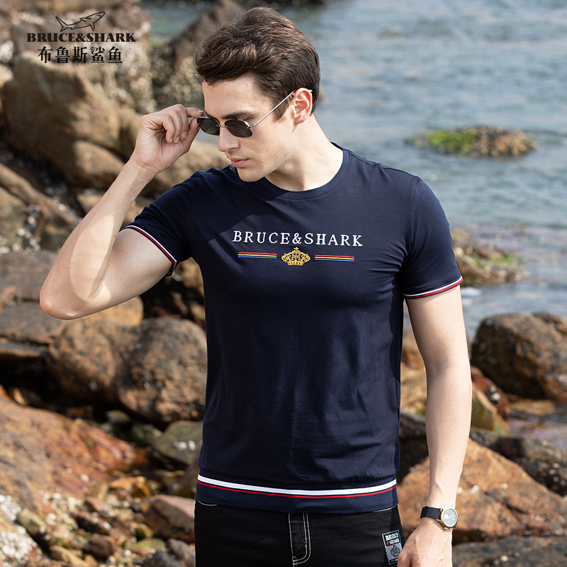 夏季新款t恤男士短袖薄款体恤布鲁斯鲨鱼男装潮大码宽松刺绣上衣