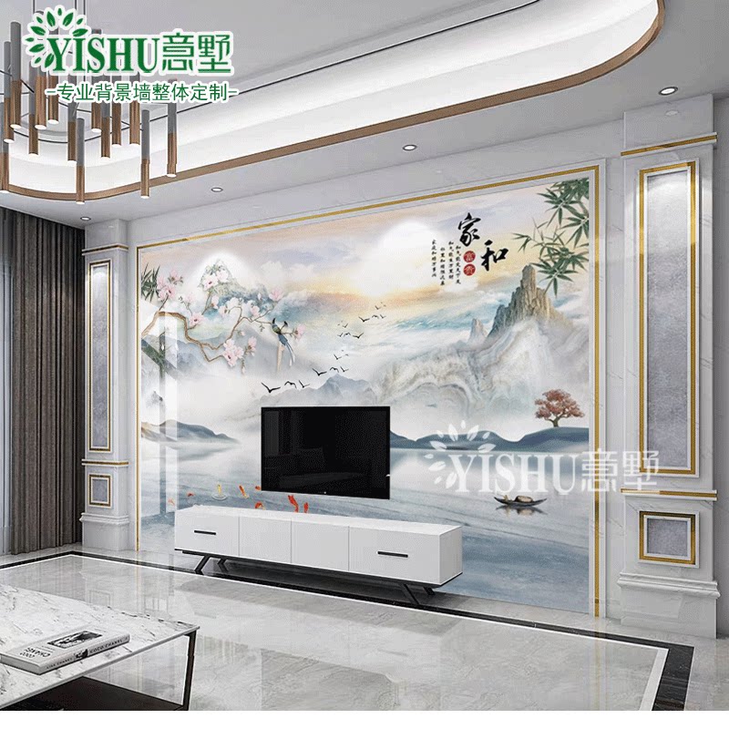 大理石材罗马柱岩板背景墙电视客厅装饰别墅自建房山水画微晶瓷砖