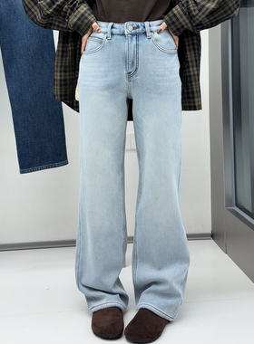 花匣子牛仔裤女70387加绒加厚复古高腰显瘦百搭弹力浅蓝色直筒裤