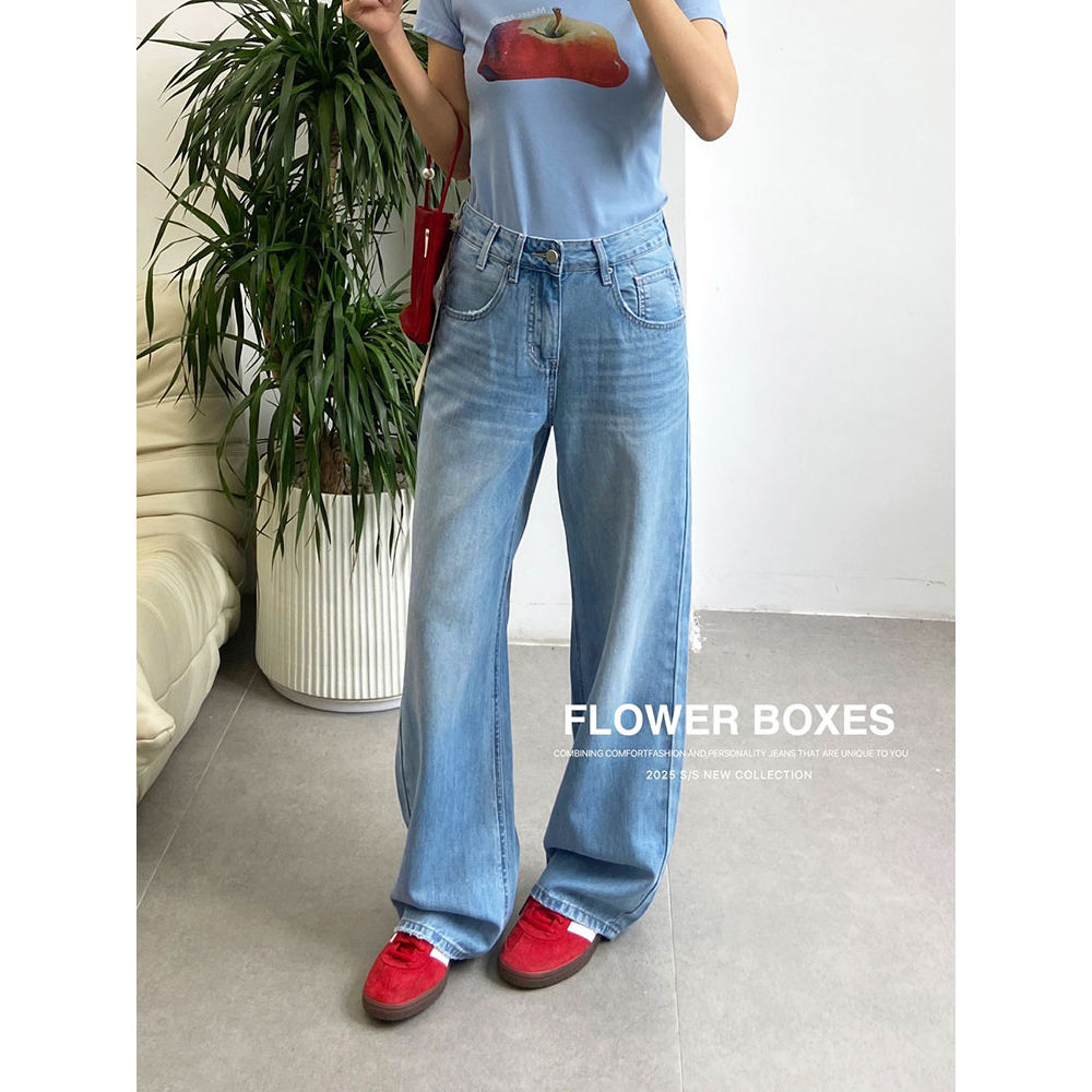 花匣子牛仔裤87227粉2025夏季新款高腰宽松浅色弹力显瘦阔腿裤女