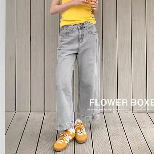 花匣子牛仔裤66170新款高腰宽松显瘦浅灰色九分直筒阔腿裤小个子