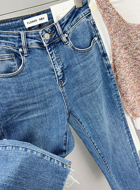 花匣子flower春款57701高腰小脚裤修身显瘦毛边开叉个性牛仔裤女