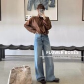 宽松蓝色阔腿裤 flower花匣子破洞复古高腰直筒牛仔裤 女春季 70395