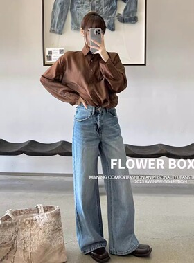 flower花匣子破洞复古高腰直筒牛仔裤女春季宽松蓝色阔腿裤70395