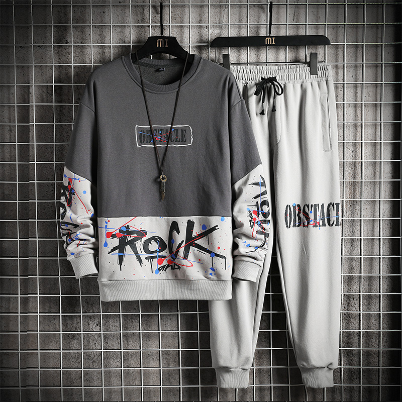2021 new men's round neck a set of youth long sleeve leisure sports sweater suit for men