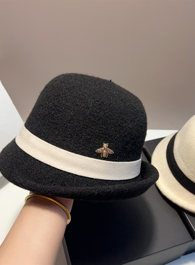 日本RX小香风盆帽蝴蝶结渔夫帽女秋冬法式毛呢礼帽卷边保暖帽子