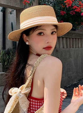 日本RX法式平顶遮阳草帽女夏户外防晒帽子沙滩帽海边度假太阳帽潮