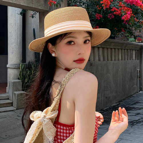 日本RX法式平顶遮阳草帽女夏户外防晒帽子沙滩帽海边度假太阳帽潮