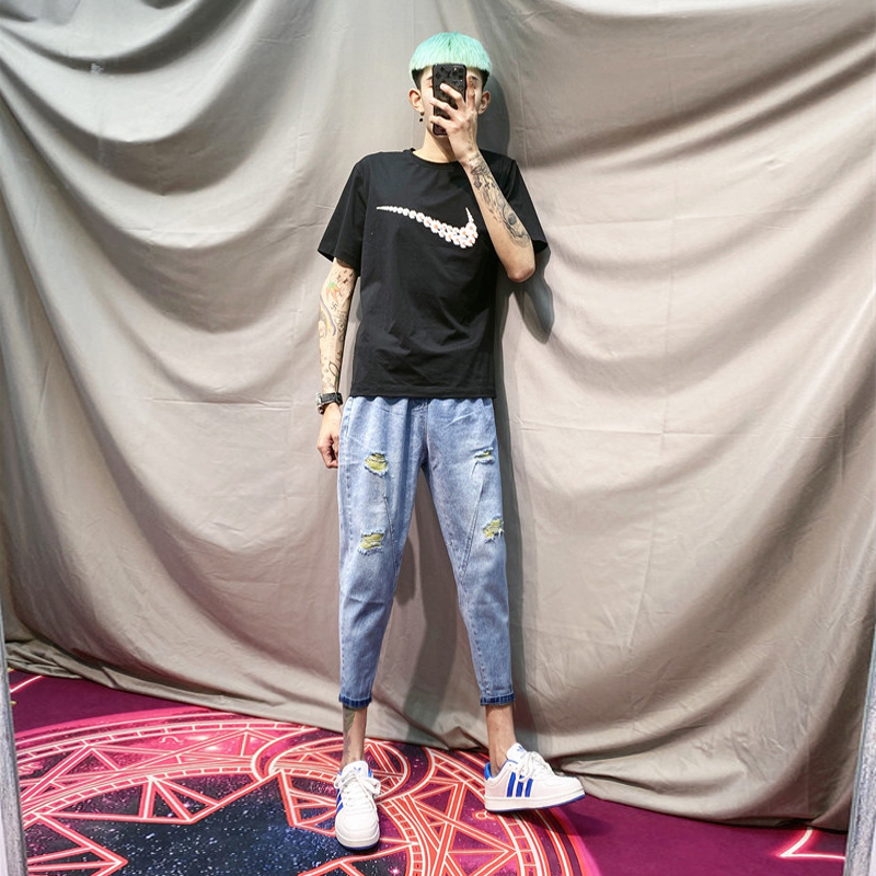 社会精神小伙裤子男夏季九分裤网红潮男破洞牛仔裤显瘦哈伦小脚裤