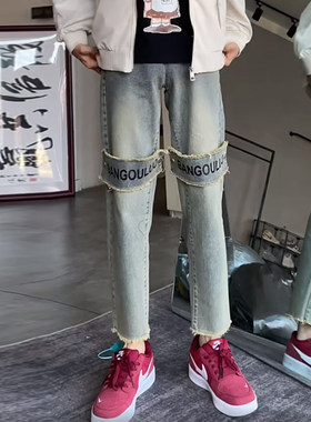 春夏复古牛仔裤男直筒九分裤潮流