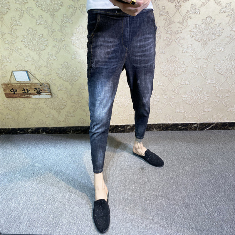 牛仔裤男九分裤韩版网红修身小脚裤男潮流百搭瘦腿束脚抽绳裤子男