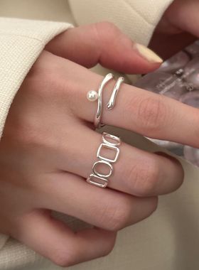 几何镂空方形戒指女简约冷淡风百搭叠戴S925银开口指环小众食指戒