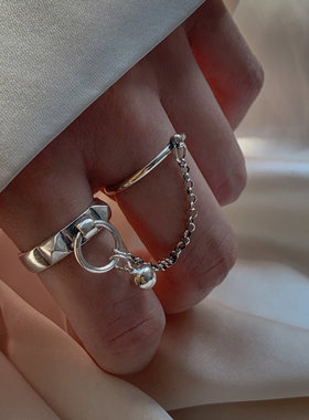 时尚气质S925镀银2件套戒指复古时尚韩版链条流苏双指开口指环女