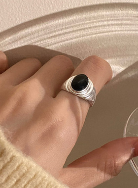 黑色仿玉石戒指女椭圆时尚个性气质简约S925镀银开口指环食指戒潮