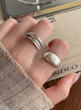 雾面光圈戒指女简约冷淡风独特多层线条S925镀银开口指环食指戒潮