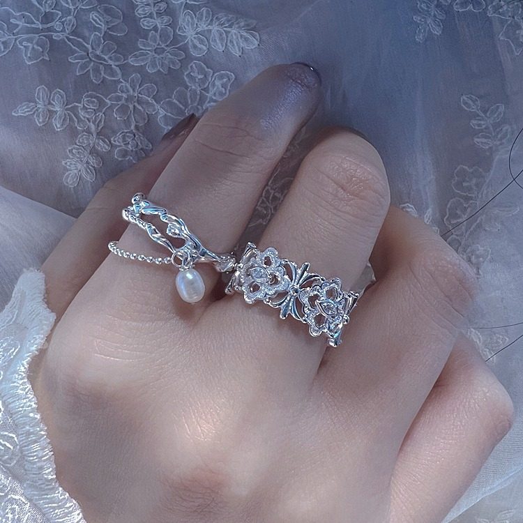 甜美珍珠流苏吊坠戒指女百搭时尚个性叠戴S925银开口指环食指戒潮