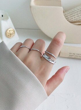韩国S925镀银不规则细款戒指女复古个性光面叠加指环网红时尚手饰