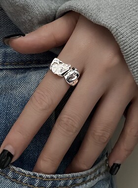 韩版S925镀银熔岩褶皱个性戒指女复古时尚不规则凹凸开口指环食指