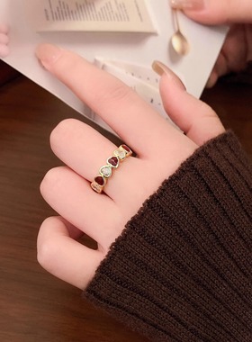甜美酒红爱心戒指女轻奢优雅精致开口指环几何心形时尚网红食指戒