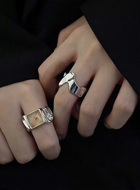 韩版S925镀银方糖戒指女复古时尚几何V型开口指环不规则ins食指戒