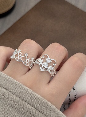 甜酷镂空立体雪花戒指女精致爱心花纹开口指环百搭叠戴气质食指戒